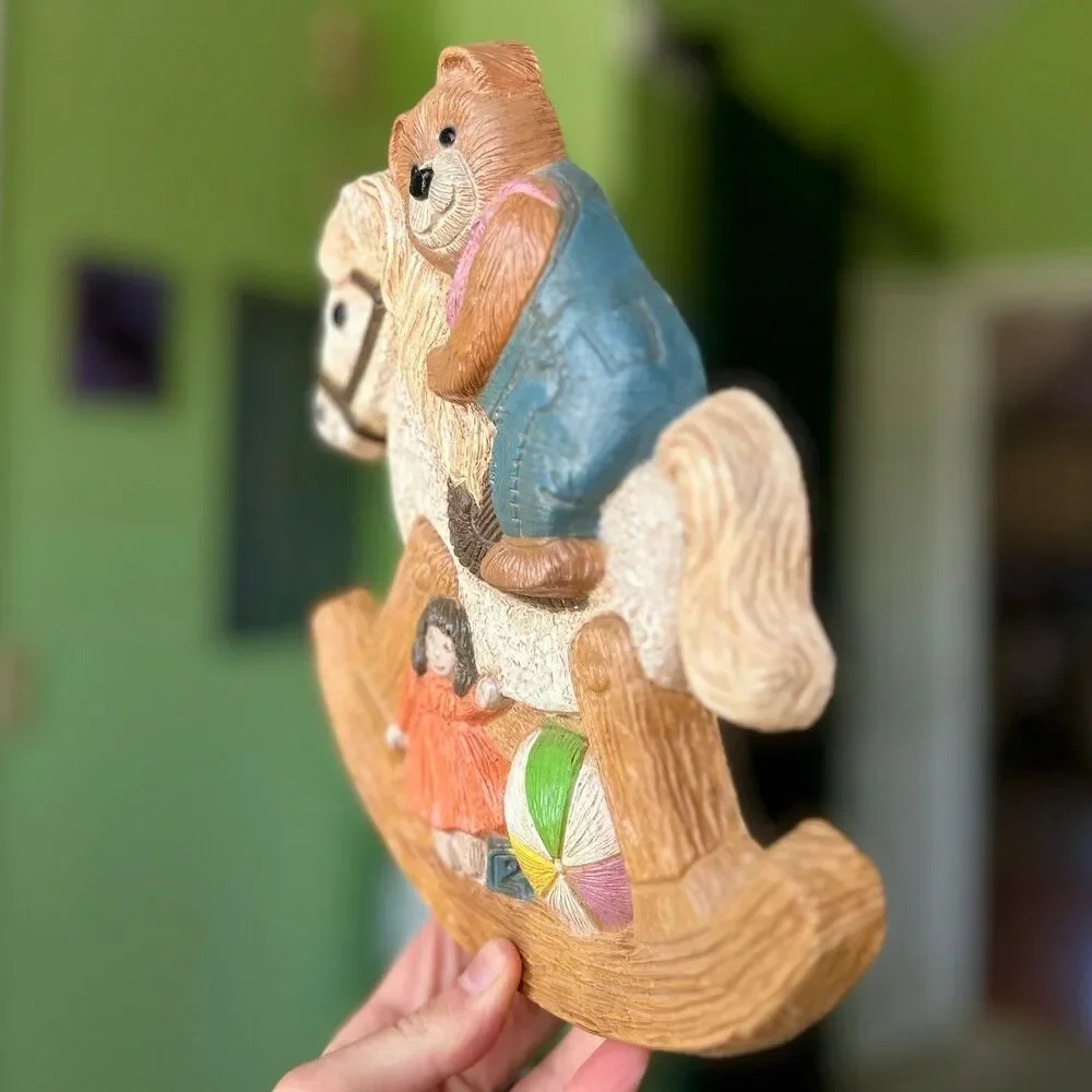 VTG Charming Teddy Bear On Rocking Horse Textured 3D Painted Wall Sign Decor